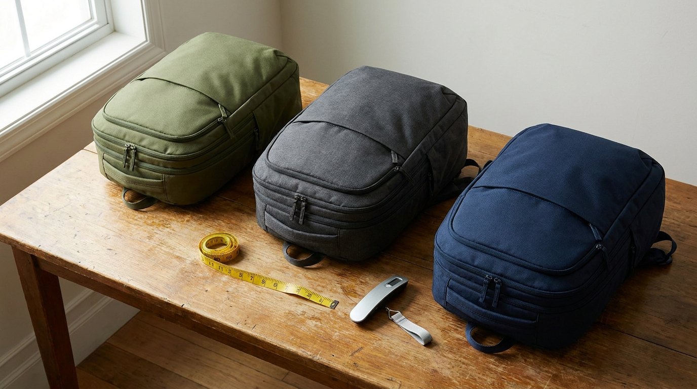 Three travel backpacks lined up on a table beside a tape measure and a luggage scale